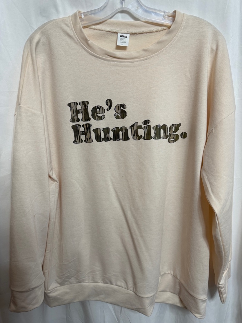 Crewneck Graphic Pullover Sweater in Cream - 'He's Hunting.'